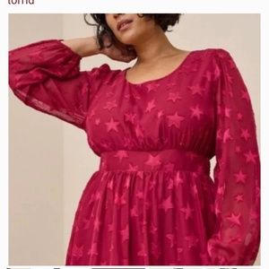 Deep red elastic back waist sheer sleeve dress